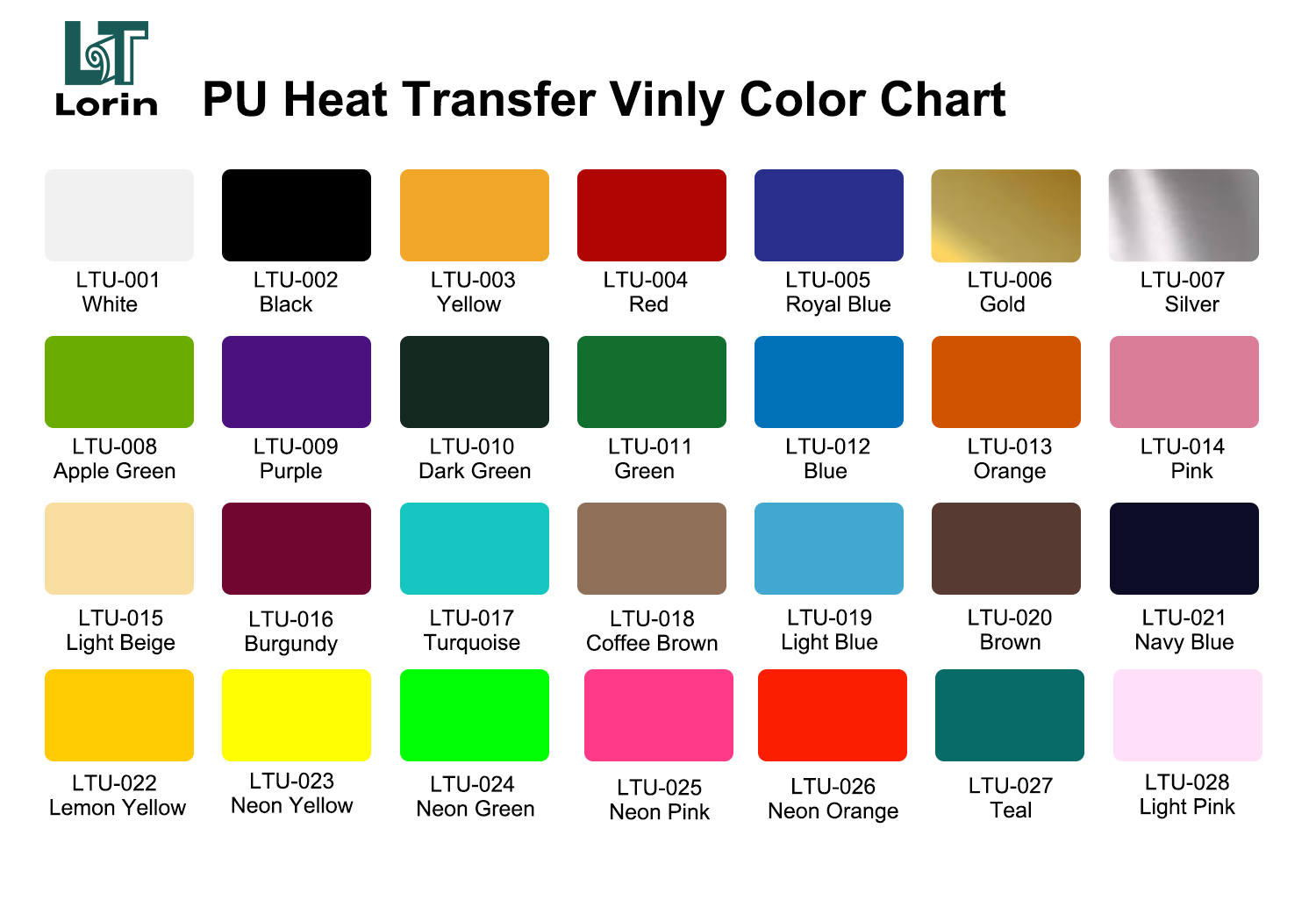 PU Heat Transfer Vinyl Color Chart