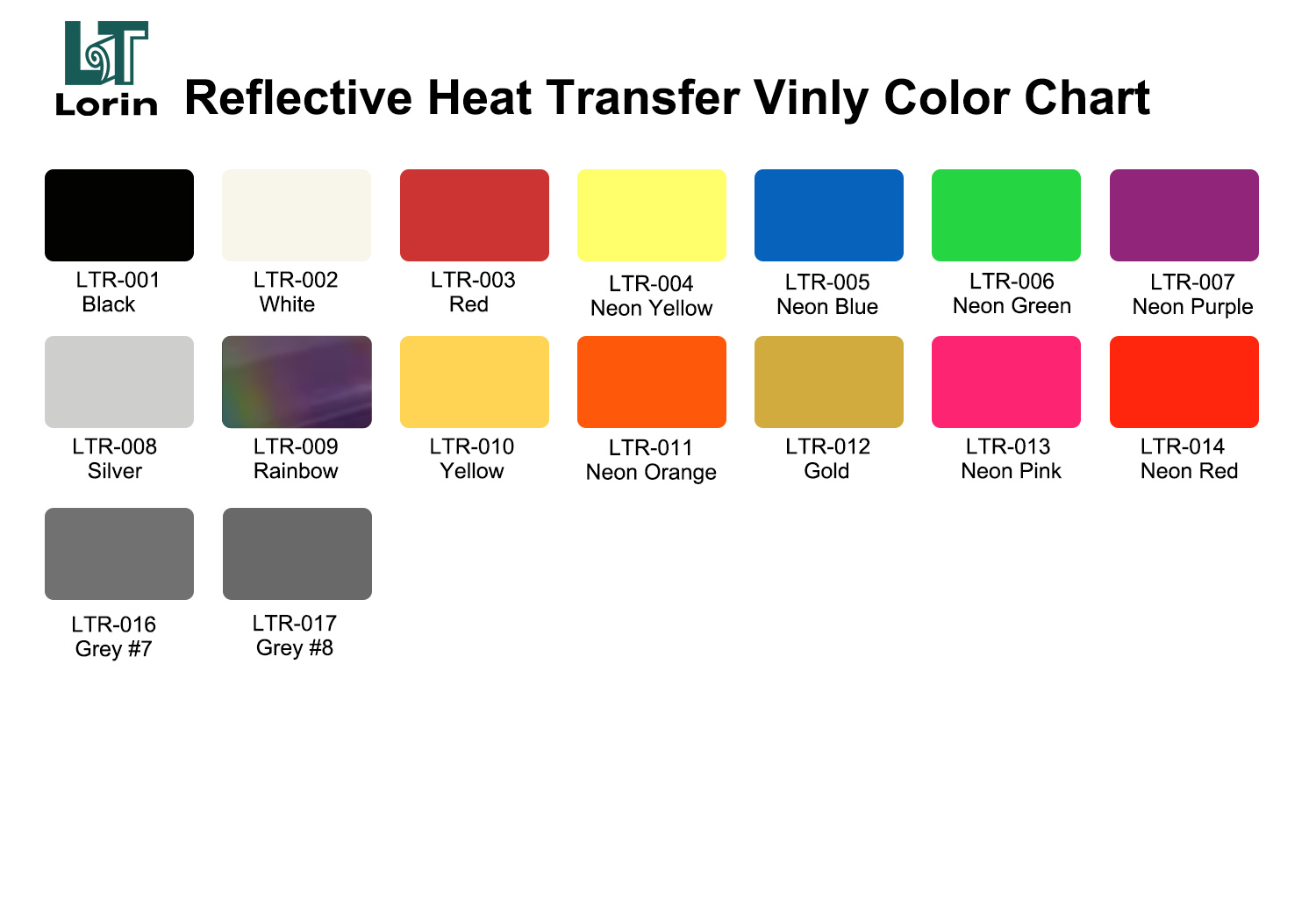 Reflective Heat Transfer Vinyl Color Chart